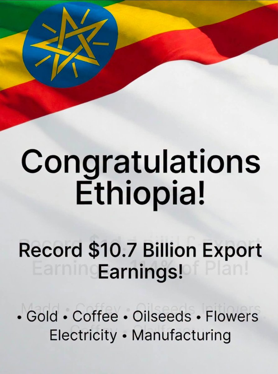 BuonyChol2595's tweet photo. Congratulations #Ethiopia! Record 10.7 billion export earnings, which  is 114% of the plan! This truly demonstrated how excellent Macro &amp; financial reforms are delivering in term of result.
#MadeInEthiopia
#VisitEthiopia https://t.co/PHawqWYWOq
