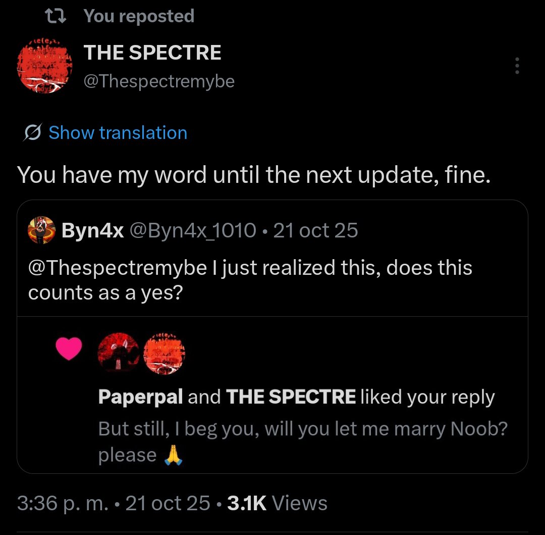 ImSuchALazyBumm's tweet photo. @Forsakencov I love Noob (any version, just if its Noob) that I stalked the Spectre until it let me marry them
(ts older than Sixer in-game bruh) https://t.co/BkQaWLl4L4