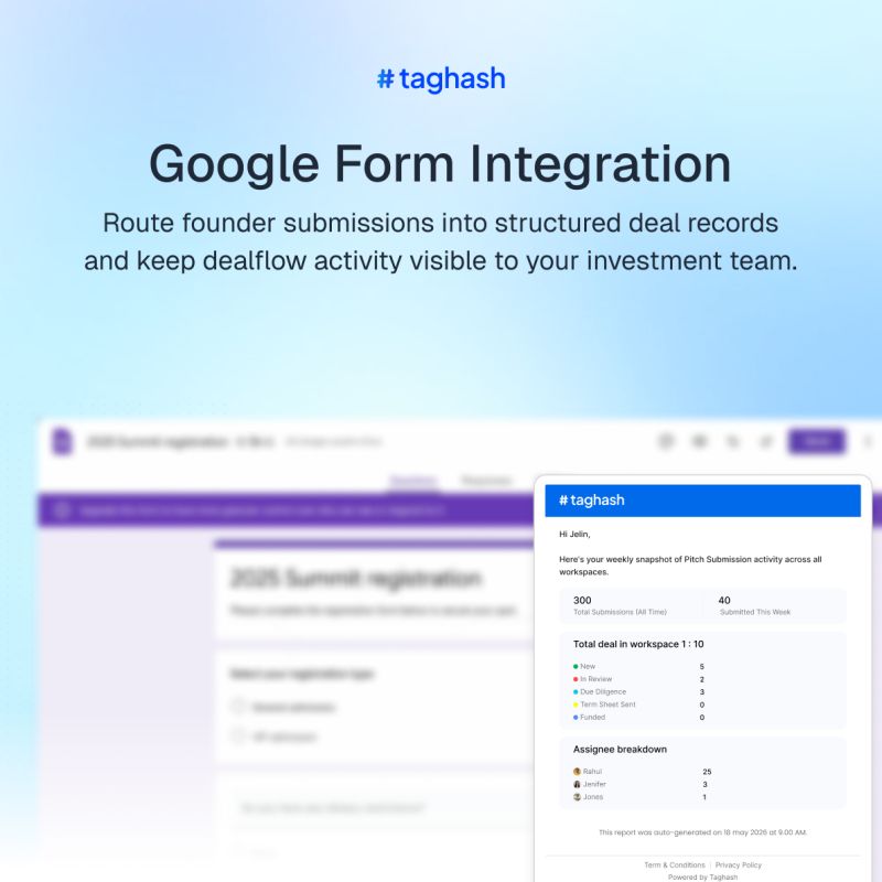 taghashhq's tweet photo. With Google Form integration, founder submissions can be routed into structured deal records in Taghash Dealflow CRM, helping investment teams keep pipeline activity organized, visible and review-ready.
(1/2)
#Taghash #VC #Fund https://t.co/04TrTYZfG4