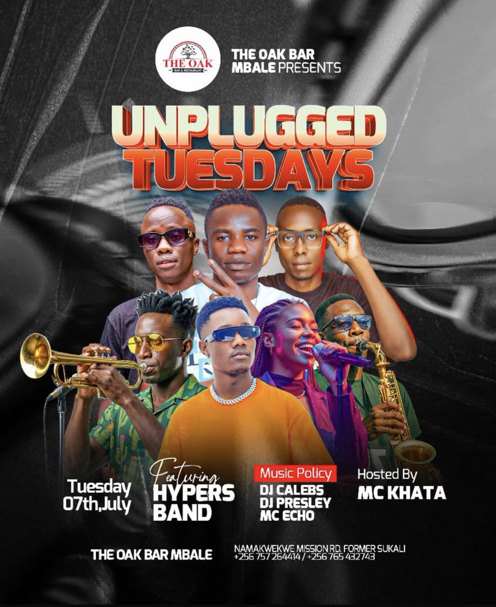 UnpluggedTues's tweet photo. 🎺 No playback. No shortcuts. Just pure live vibes @theoakmbale 
#UnpluggedTuesdays is where the music comes alive! 🔥🎶 Hosted By @McKhataUg Ft The Hypers Band @dvjpresley @Mcecho2756935 @djcalebs 

RSVP: 0751791676 

#SeeYouAtTheOak #HomeOfGoodVibes #BeyondExpectations https://t.co/xwdGIQvYZV