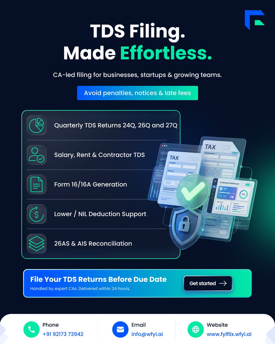 WFYItechnology's tweet photo. #TDS return filing is due.
Don't let late filings or errors lead to penalties and compliance issues. File your quarterly TDS returns accurately and on time to stay compliant.
+91 92173 73942 || info@wfyi.ai
Ghitorni, Delhi
#TDS #TDSReturnFiling #TDSCompliance #TaxCompliance https://t.co/JEqlll11qo