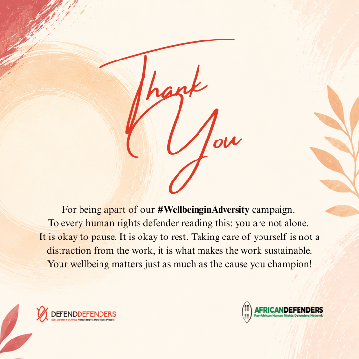 DefendDefenders's tweet photo. We extend our heartfelt gratitude to each and every one of you who joined our #WellbeinginAdversity campaign. Throughout the month of June, we were reminded that behind every human rights defender (HRD) is a human being, someone who carries hope, courage, exhaustion, trauma, grief, and resilience all at once. While HRDs work tirelessly to protect the rights of others, they are often quietly fighting battles of their own.

Thank you for the sacrifices you make, the courage you show, and the hope you continue to inspire. May you always find the strength to keep going, the space to heal when needed, and the reminder that you deserve the same care and compassion you so freely extend to others.

Although the campaign has come to an end, its message lives on. We hope the conversations it sparked continue to remind us that protecting those who defend the rights of others also means protecting their wellbeing. Together, let us continue to create spaces where human rights defenders are encouraged not only to persevere, but also to rest, heal, and thrive.