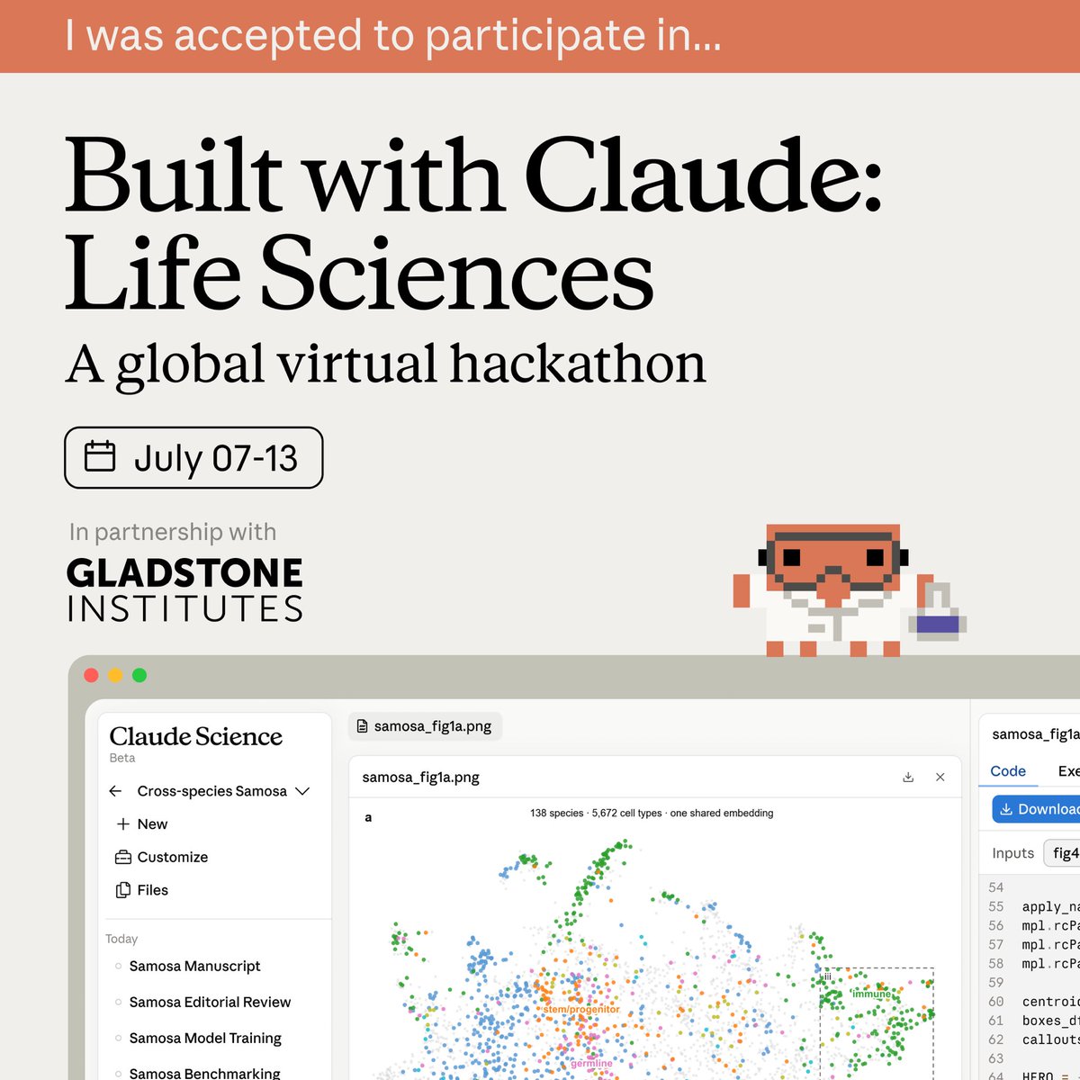 AnnasRahmanMD's tweet photo. I’m excited to be a participant in the Claude Life Sciences Hackathon by @AnthropicAI @cerebral_valley @GladstoneInst 

AI has tremendous potential to help improve health and healthcare in so many ways, looking forward to participating as a physician-builder, and to also see what the larger tech and health community has in store