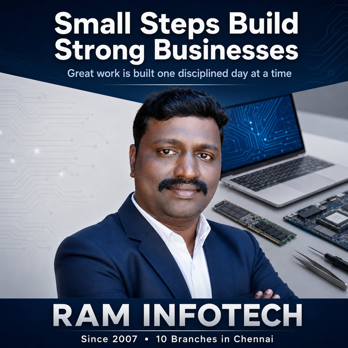 raminfotechsen2's tweet photo. Big businesses aren’t built in a day. Discipline and small daily steps build lasting customer trust and consistent service. That’s how RAM INFOTECH grew in Chennai since 2007. #FounderThoughts #BusinessGrowth #Consistency #CustomerTrust https://t.co/wgbcO0K9GL