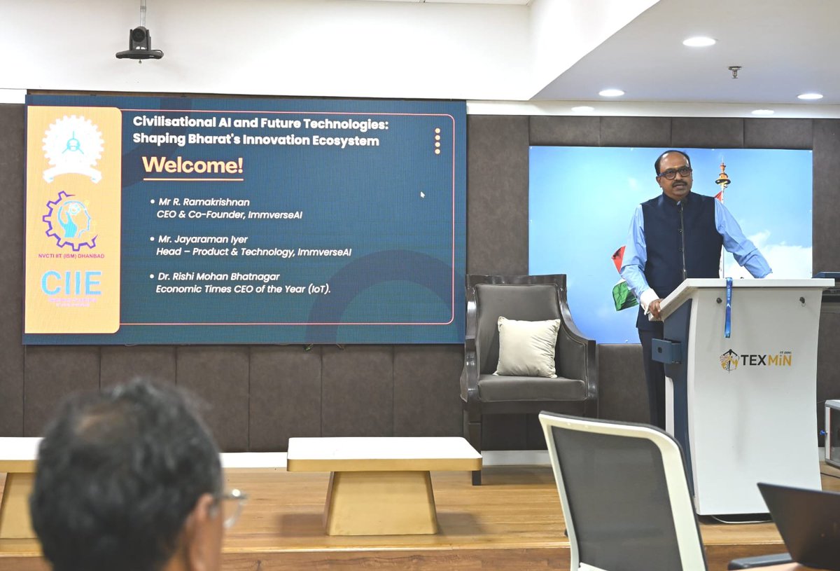 IITISM_DHANBAD's tweet photo. Building Civilisational AI
Building Civilisational AI: Experts Highlight the Role of Indian Knowledge Systems in the AI Era
The Centre for Indian Knowledge Systems (CIKS), jointly with NVCTI and CIIE, IIT (ISM) Dhanbad, successfully organised the first session of the workshop on "Civilisational AI and Future Technologies: Shaping Bharat's Innovation Ecosystem."
The session, titled "Building Civilisational AI," featured insightful talks by Mr. R. Ramakrishnan, CEO & Co-Founder, ImmverseAI, and Mr. Jayaraman Iyer, Head – Product & Technology, ImmverseAI. The speakers shared their perspectives on developing AI systems rooted in India's rich civilisational heritage, indigenous knowledge traditions, and innovation ecosystem. They also discussed how the convergence of artificial intelligence, entrepreneurship, and Indian knowledge systems can contribute to building globally relevant and culturally aware AI technologies.
The interactive session witnessed enthusiastic participation from faculty members, researchers, students, and innovation enthusiasts, fostering meaningful discussions on the future of AI aligned with Bharat's knowledge traditions.
#IITISM #CIKS #NVCTI #CIIE #CivilisationalAI #ArtificialIntelligence #IndianKnowledgeSystems #Innovation #FutureTechnologies #Bharat