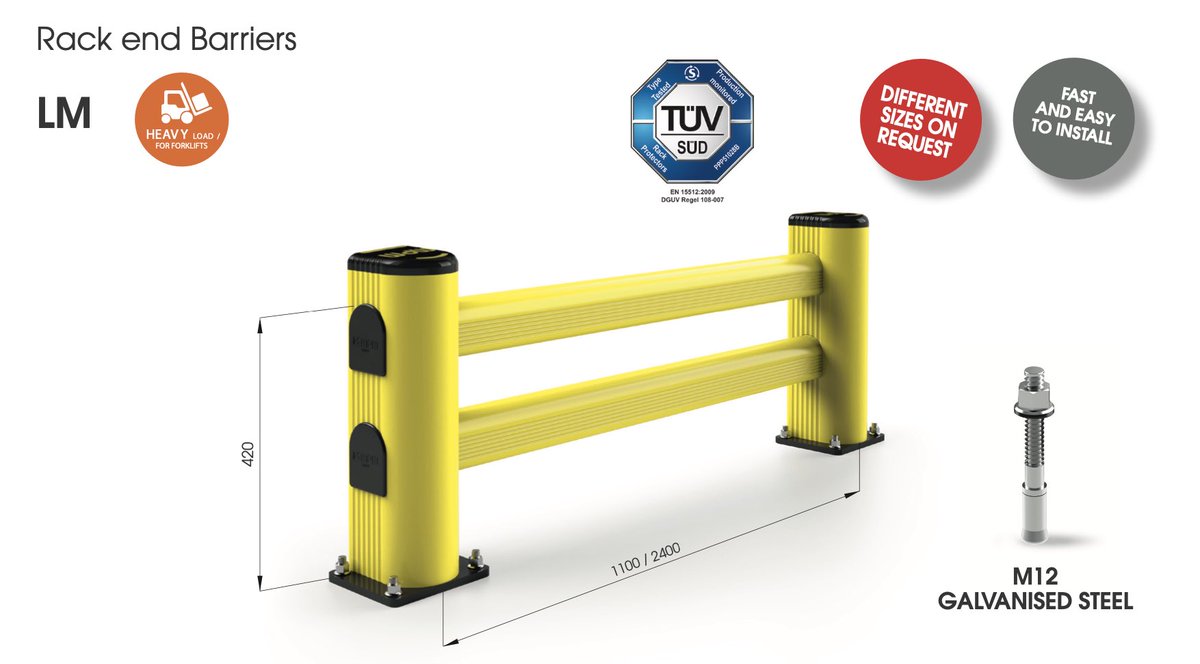 equiptowork's tweet photo. STOP DAMAGING YOUR PALLET RACKING. Independently tested, TÜV certified, Rack End Protection Barriers in sizes to suit single and double sided pallet racking runs. Reflex Tech construction to absorb repeated impacts. Meets the latest UNI/TS 11886-1 standard. https://t.co/z4uWypdqW8