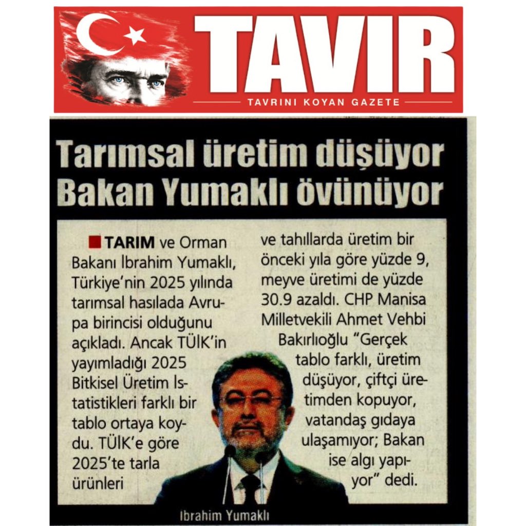 AVBakirlioglu's tweet photo. 🗞️Tavır Gazetesi

📌Tarımsal üretim düşüyor, Bakan övünüyor… https://t.co/vbRfVYmLb4