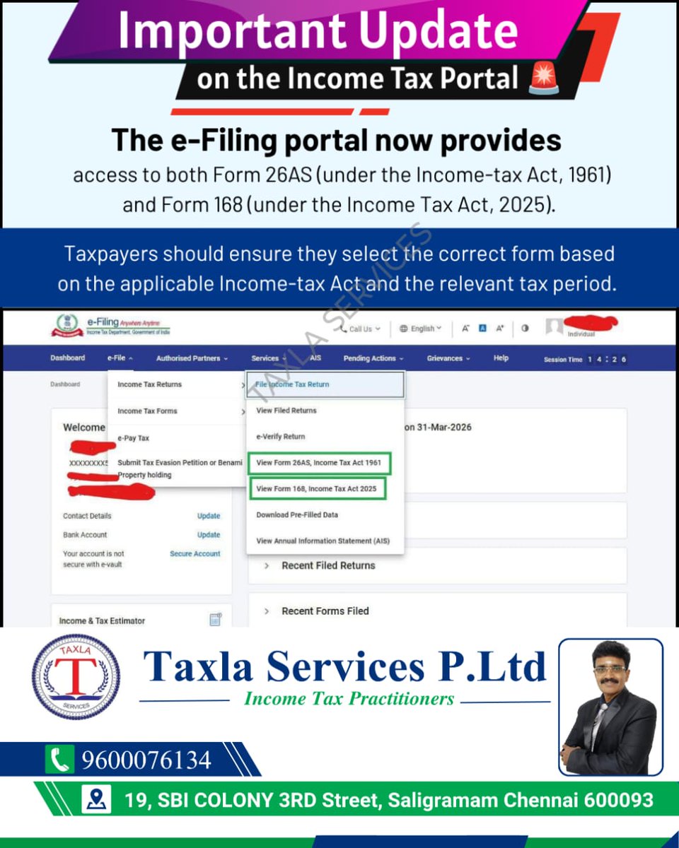 SivaAudit's tweet photo. 🚨 Important Update: Income Tax e-Filing Portal
📞 Contact us today: +91 7305701454
📧 Email: auditsiva2@gmail.com
🌐 Website: https://t.co/zDeM2BLvcY
#IncomeTax #IncomeTaxPortal #EFiling #Form26AS #Form168 #TaxUpdates #ITR2026 #TaxlaServices #BestAuditorInTamilnadu https://t.co/9J5tAX2ipF