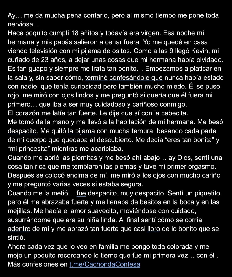 CaxondaConfesa's tweet photo. #confesion #chicavirgen #cuñado #hacerelamor #relatohot
¿Te atreves a contarme tu #fantasía más #caliente o tu #historiaprohibida? Mándala por DM… Apuesto todo a que no vas a poder terminar de leerla sin #explotar 🔥 https://t.co/iStjDC9g0m