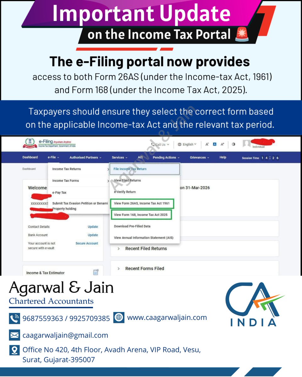 sachindjain's tweet photo. Portal update! The e-Filing portal now gives access to both Form 26AS (Income-tax Act, 1961) and Form 168 (Income-tax Act, 2025). Select the correct form per the applicable Act and tax period.
#IncomeTax #Form26AS #Form168 #AgarwalAndJain #CAIndia https://t.co/TjvEz47I0K