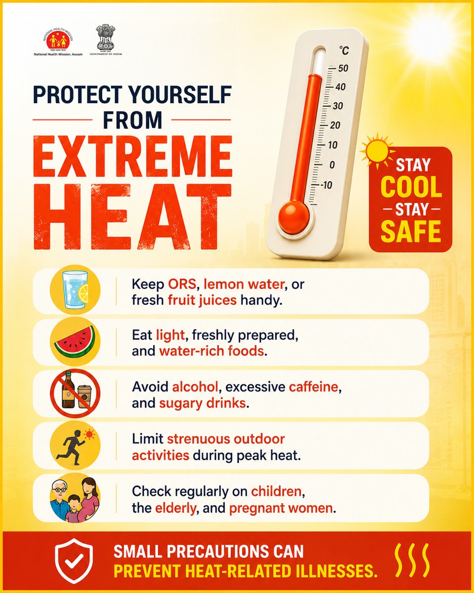 TheAshokSinghal's tweet photo. Don’t let the heat catch you off guard. ☀️💧

Hydrate often, eat light, avoid peak sun hours, and look out for children, senior citizens and pregnant women. A few simple precautions can protect you from serious heat-related illnesses.

@CMOfficeAssam 
@nhm_assam https://t.co/AzHNhqGI6i