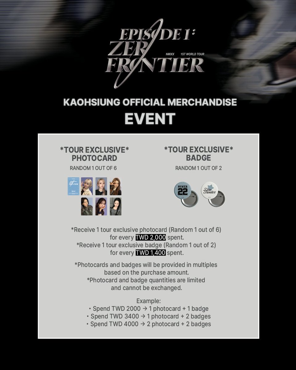 LiveNationTW's tweet photo. 首次世巡 降臨高雄！
官方周邊公布🎼Official Merch
 
➤ 購買及入場辦法｜https://t.co/bD89mjYw5N
➤ BUY &amp; ENTRY NOTICE｜https://t.co/o8Ls0rvLcX
＿
NMIXX 1ST WORLD TOUR ＜EPISODE 1： ZERO FRONTIER＞ IN KAOHSIUNG
● 時間 Time：2026/7/11-12
● 地點 Venue：高雄巨蛋 Kaohsiung Arena https://t.co/MlyNOTI1Ew