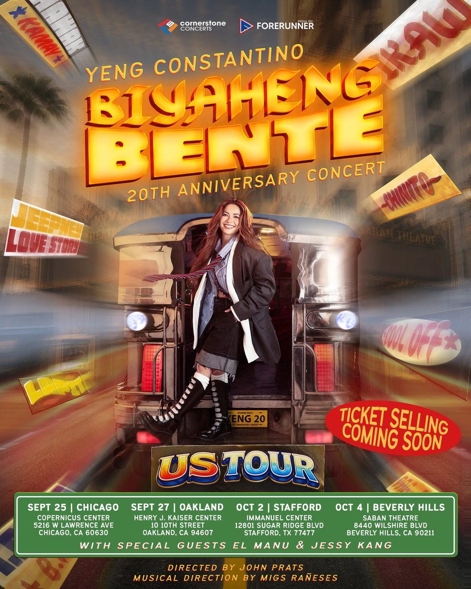 YengPLUGGEDin's tweet photo. USA handa na ba kayo sumama sa BYAHE? 

Tour Dates:  
Chicago, IL — September 25 
Oakland, CA — September 27 
Stafford, TX — October 2 
Beverly Hills, CA — October 4 

Cornerstone Entertainment and Forerunner Media proudly present the BIYAHENG BENTE U.S. Tour—an exclusive 4-city concert experience celebrating two decades of the songs we've grown up with and the unforgettable moments that made Yeng Constantino a part of our lives.

This year 2026, we're celebrating 20 incredible years of music, memories, and milestones with the Philippines' Pop Rock Royalty, Yeng Constantino! 

Whether you've been a fan since Hawak Kamay, Salamat, or you've recently discovered her music, this is your chance to sing along, relive the memories, and celebrate with fellow Filipinos right here in the U.S.

Mark your calendars, invite your family and friends, and grab your tickets before they sell out!

BIYAHENG BENTE is coming to a city near you. See you there! 

#YengConstantino 
#BiyahengBenteUSTour 
#Yengsters 
#FilipinoEventsUSA 
#FilipinoCommunity 
#PinoySaAmerica 
#LiveMusic 
#OPM 
#CornerstonesConcerts 
#ForerunnerMedia