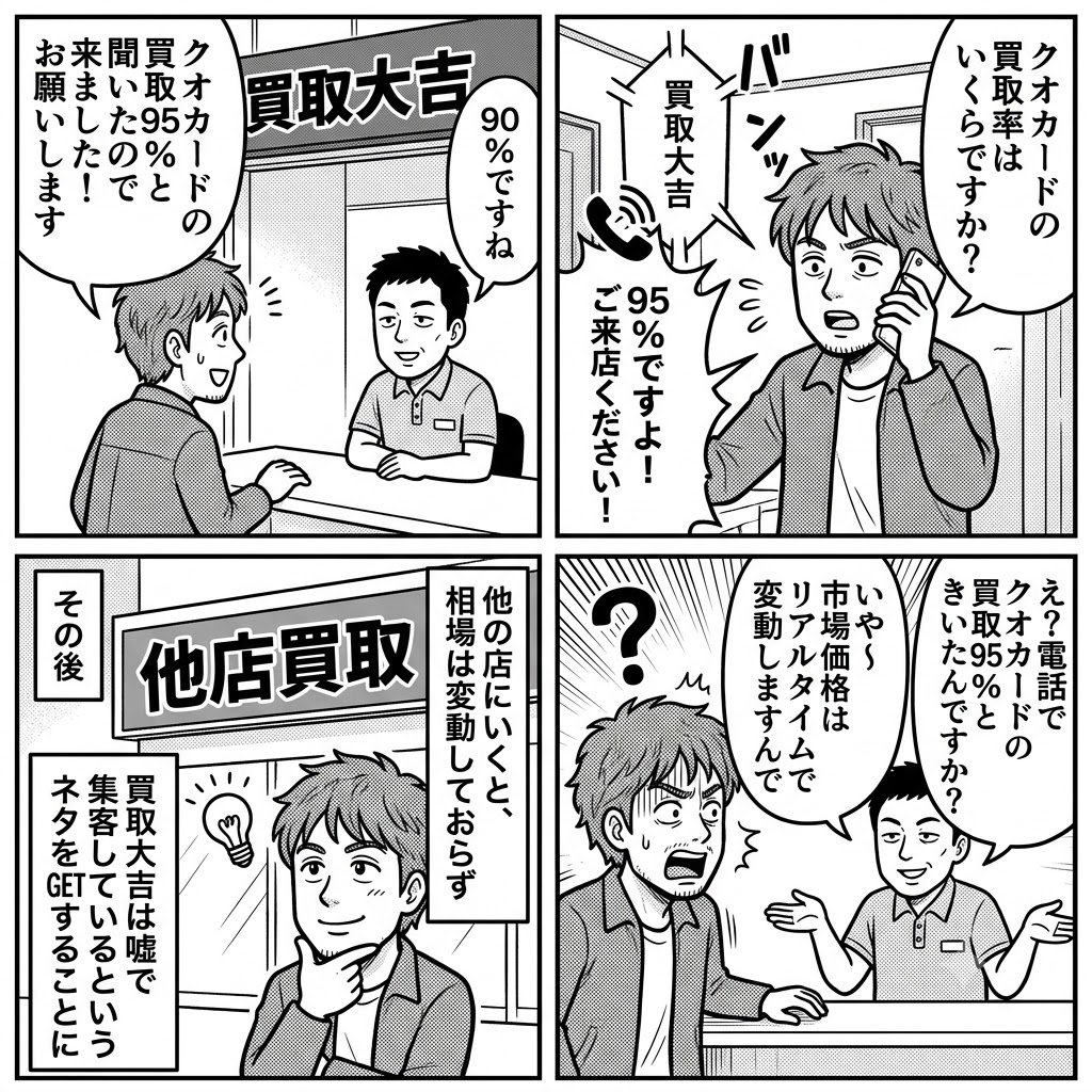 syuraku666's tweet photo. たまってたクオカードを売却したのですが、近所の店が買取率94％のところ、買取大吉が「95％で買取」と電話で言うので来店。
しかし、実際に来店すると「市場価格はリアルタイム変動で今90％です」とか言われて草。
そのあと近所の店いくと、94％のままだし、市場変動とは？
嘘で集客するとかタチ悪し https://t.co/rBmiYYatTH