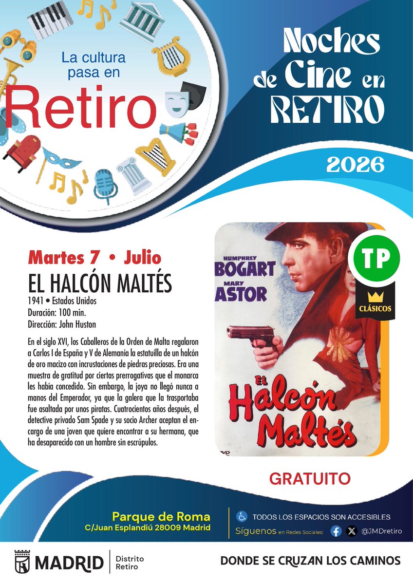 JMDretiro's tweet photo. 📽Esta semana, cine de verano en #distritoRetiro a las 22:00 horas con:
🎞 'El halcón maltés'. Martes 7 en Parque Roma
🎞 'The brutalist'. Miércoles 8 en Parque Roma
🎞'Transformers'. Jueves 9 en plaza de Daoíz y Velarde
#AccesoLibre
Más info en linktree en bio🔗 https://t.co/gCYgdIVTMn