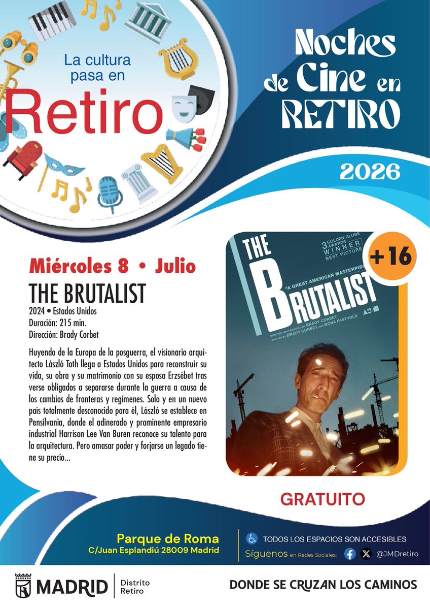 JMDretiro's tweet photo. 📽Esta semana, cine de verano en #distritoRetiro a las 22:00 horas con:
🎞 'El halcón maltés'. Martes 7 en Parque Roma
🎞 'The brutalist'. Miércoles 8 en Parque Roma
🎞'Transformers'. Jueves 9 en plaza de Daoíz y Velarde
#AccesoLibre
Más info en linktree en bio🔗 https://t.co/gCYgdIVTMn