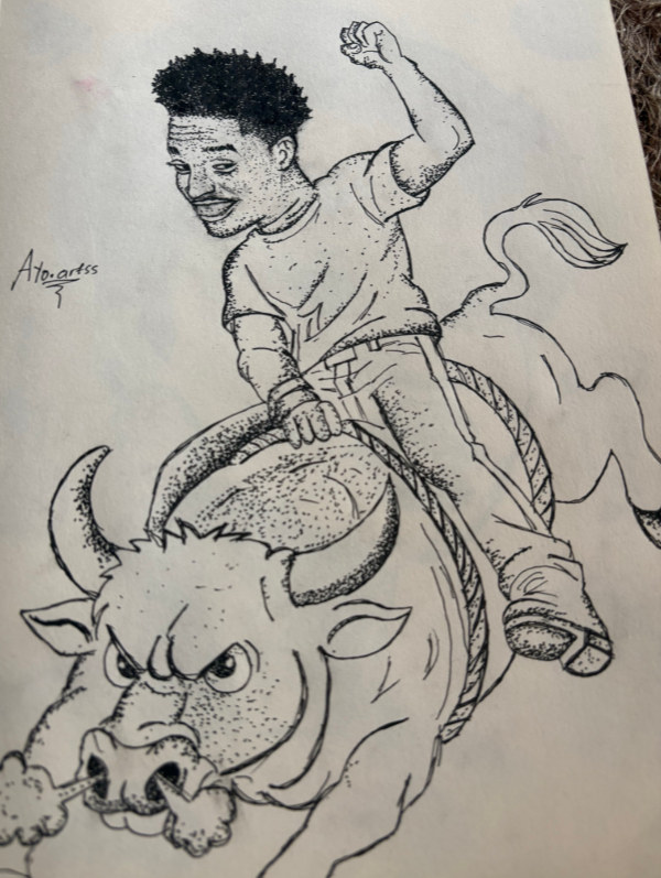 shanto3444's tweet photo. Now that the floor is open to creatives, I decided to put together a quick sketch featuring @blknoiz06 and $ANSEM riding a bull 🐂. https://t.co/D4z7TkTRwd