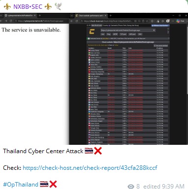 FalconFeedsio's tweet photo. 🚨 DDoS Alert 🇹🇭

NXBB.SEC claims to have targeted the website of Royal Thai Air Force Cyber Center (https://t.co/4vX6Lh0G7q). https://t.co/GyZmHdPRBf