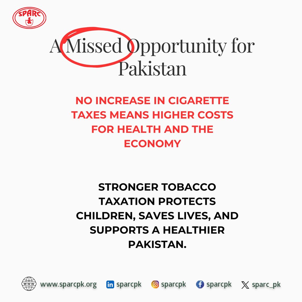 SPARC_PK's tweet photo. 🚭 No increase in cigarette taxes means a higher price for everyone.

#RaiseTobaccoTaxes #TobaccoControl #PublicHealth #HealthyPakistan #SmokeFreePakistan #HealthOverTobacco https://t.co/8QJc2jREb0