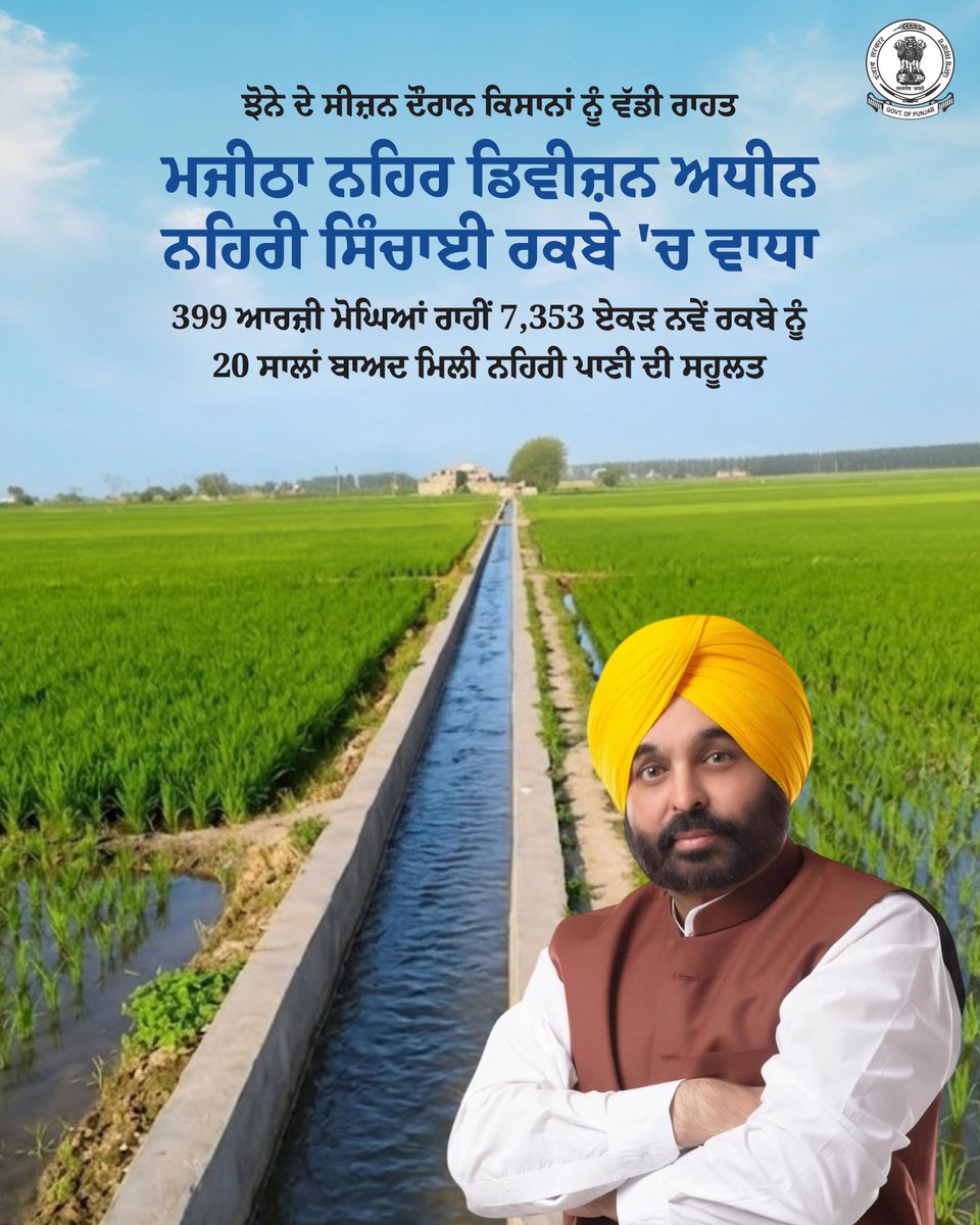 WaterRDPunjab's tweet photo. ਮਜੀਠਾ ਨਹਿਰ ਡਿਵੀਜ਼ਨ ਵਿੱਚ ਵਿਕਾਸ ਕਾਰਜਾਂ ਦੇ ਮੁਕੰਮਲ ਹੋਣ ਨਾਲ ਸਿੰਚਾਈ ਸਹੂਲਤਾਂ ਵਿੱਚ ਸੁਧਾਰ ਆਇਆ ਹੈ, ਜਿਸ ਦਾ ਸਿੱਧਾ ਲਾਭ ਇਲਾਕੇ ਦੇ ਕਿਸਾਨਾਂ ਨੂੰ ਮਿਲ ਰਿਹਾ ਹੈ।

#BhagwantMann #PunjabDevelopment #WaterConservation #AgricultureGrowth  #CanalDevelopment https://t.co/3RVnCOpSOT