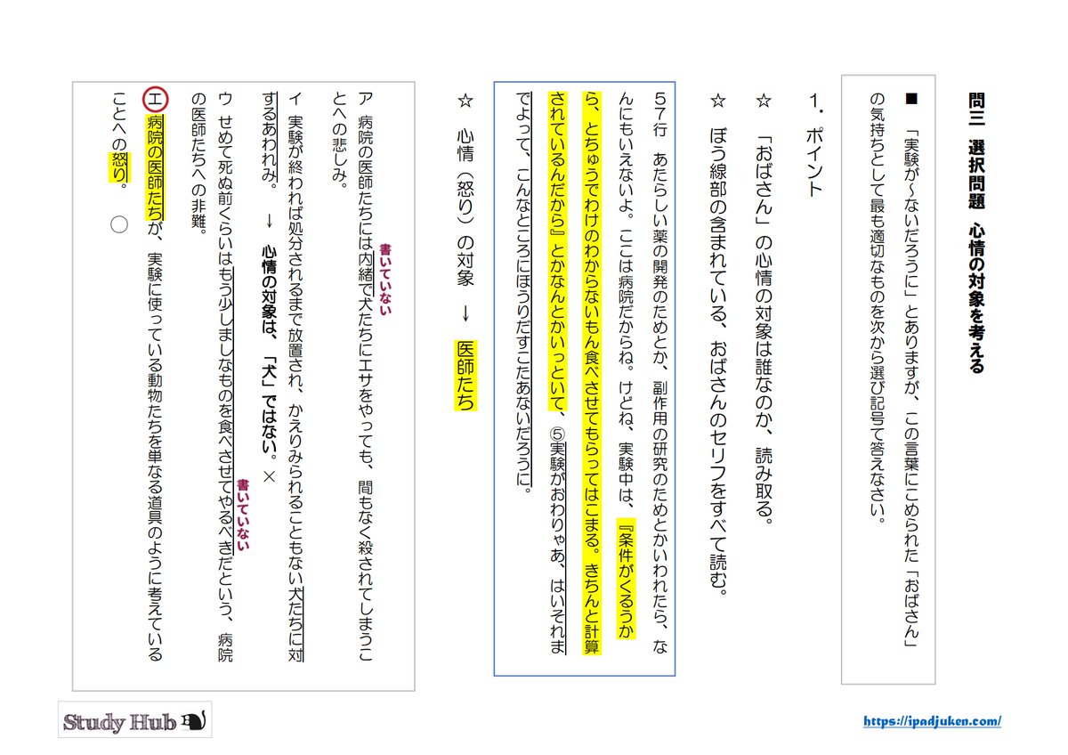 Sai_Study_Hub's tweet photo. 自分が選んだ選択肢は、本文に書いてあるのに、なんで違うの？

中学受験の国語は、選択肢の内容が本文に書いてあるからといって正解とは限りません。

今回は、「おばさん」の怒りの対象が、

「犬」ではなく、「病院の医者」に対して。

「心情の対象」は何に対して？

これは、他の問題でも、特に選択肢問題で使える「意識」ですよー。

#予習シリーズ #四谷大塚　#早稲アカ