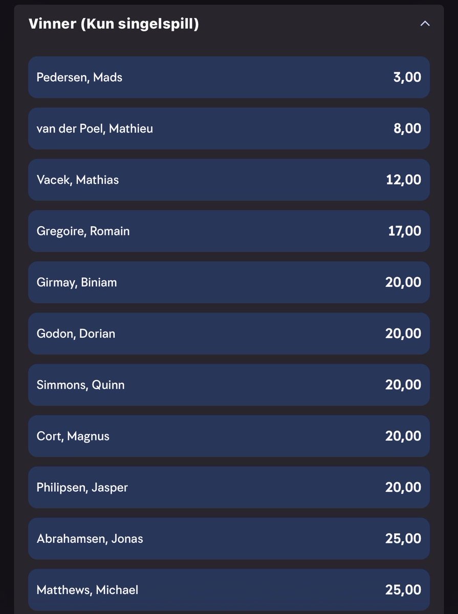 LaFugaNor's tweet photo. Todays betting odds #TDF2026ᴿᴾ https://t.co/8zFBnItaZW