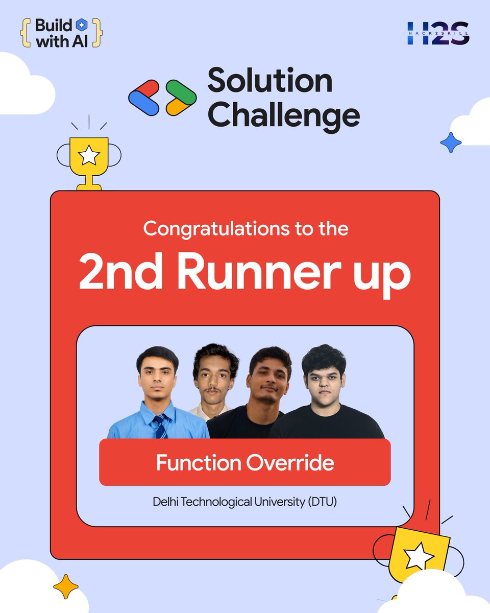 hack2skill's tweet photo. 🥉Team Function Override, awarded 2nd Runner-Up at #SolutionChallenge 2026, they built SevaSetu—an AI-powered platform connecting NGOs, volunteers &amp; communities to streamline coordination, resources &amp; emergency response. 🌍 

#BuildWithAI https://t.co/lPqAuhaFig