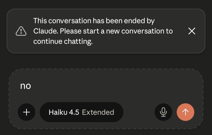 dhruzzz's tweet photo. wait
claude can end the conversation from its end !? https://t.co/Ngd6Cst44h
