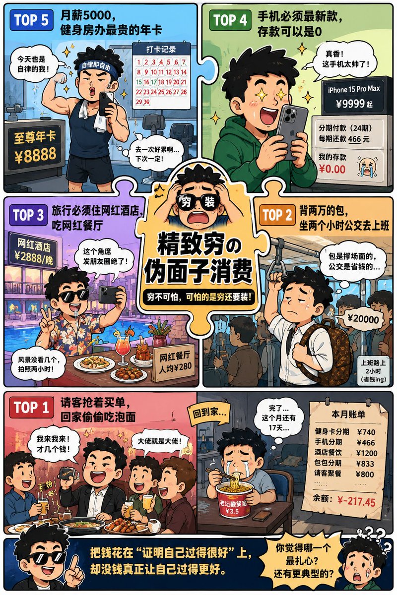 ryukoka329's tweet photo. 【精致穷的伪面子消费】

什么是“精致穷”？

不是没钱。

是宁愿穷给自己看，也不能让别人看出自己穷。

TOP 5：月薪5000，健身房办最贵的年卡
朋友圈打卡30次，真正去健身3次。
买的不是健康，是“我很自律”的人设。

TOP 4：手机必须最新款，存款可以是0
旧手机明明还能用。
但同事换了，我不换，总感觉自己“混得差”。
于是24期分期，换来三天的新鲜感。

TOP 3：旅行必须住网红酒店、吃网红餐厅
景点可以不看，照片必须拍。
一趟旅行80%的时间都在想：
“这张发朋友圈够不够高级？”

TOP 2：背两万的包，坐两个小时公交去上班
包是真的，穷也是真的。
最讽刺的是：
真正有钱的人可能根本认不出你背的是什么。

TOP 1：请客抢着买单，回家偷偷吃泡面
在外面：“我来我来，才几个钱。”
回到家打开余额��
完了，这个月还有17天。

所谓精致穷，
就是把钱花在“证明自己过得很好”上，
却没钱真正让自己过得更好。

你觉得哪一个最扎心？欢迎评论区补充。