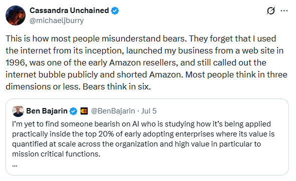 Barchart's tweet photo. Michael Burry, the man who has predicted 60 of the last 2 market crashes, says he thinks in 6 dimensions while the rest of us peons only think in 3 😂😂 https://t.co/VOUHNPwJhj