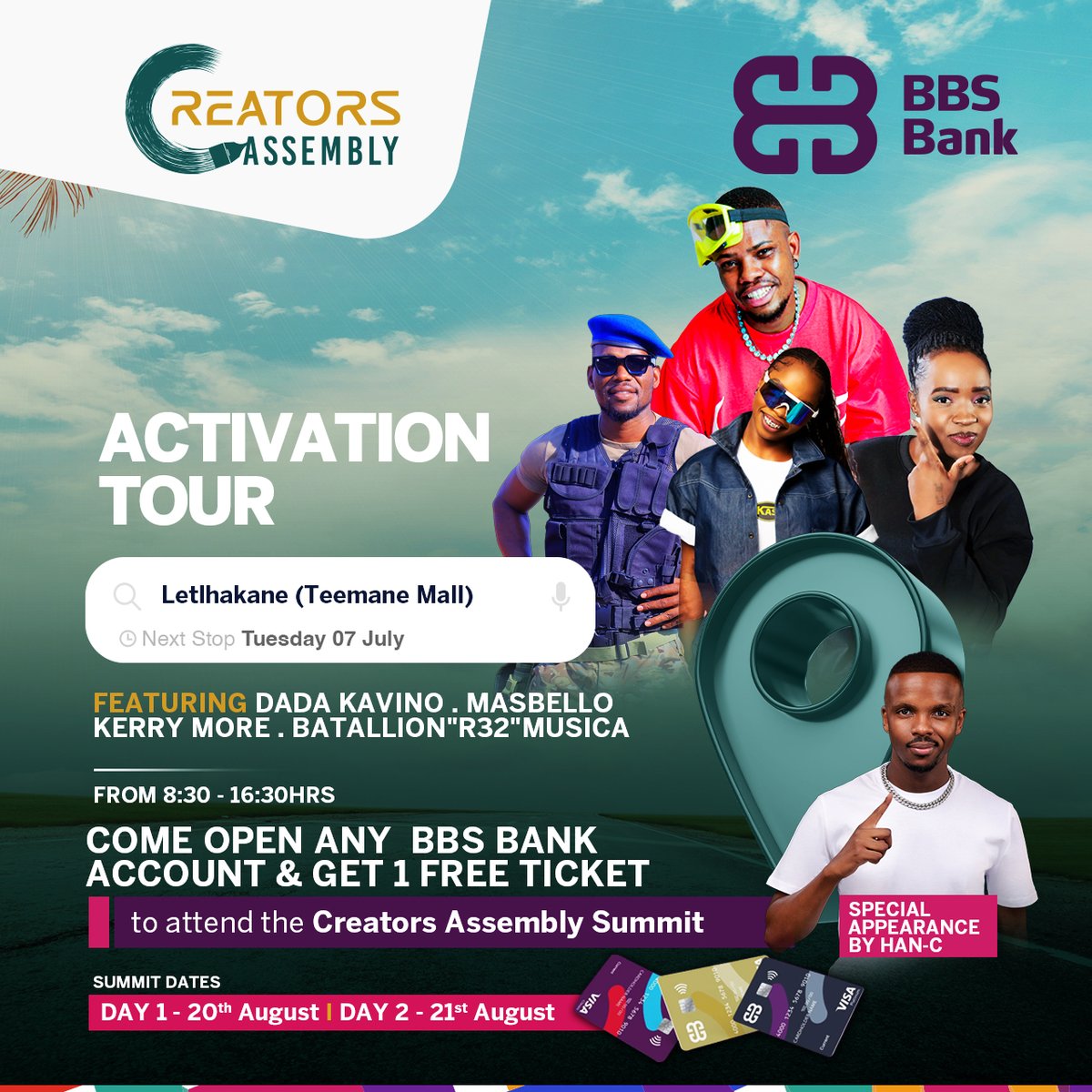 BBS_BW's tweet photo. Visit us today at Teemane Mall in Letlhakane from 08:30 till 16:30. Open any BBS Bank Account and receive a FREE ticket to the Creators Assembly Summit.

Please bring your KYC documents, valid Omang/Passport, proof of residence, confirmation of employment.

#RiseWithBBSBank https://t.co/T0qMIb0NDV