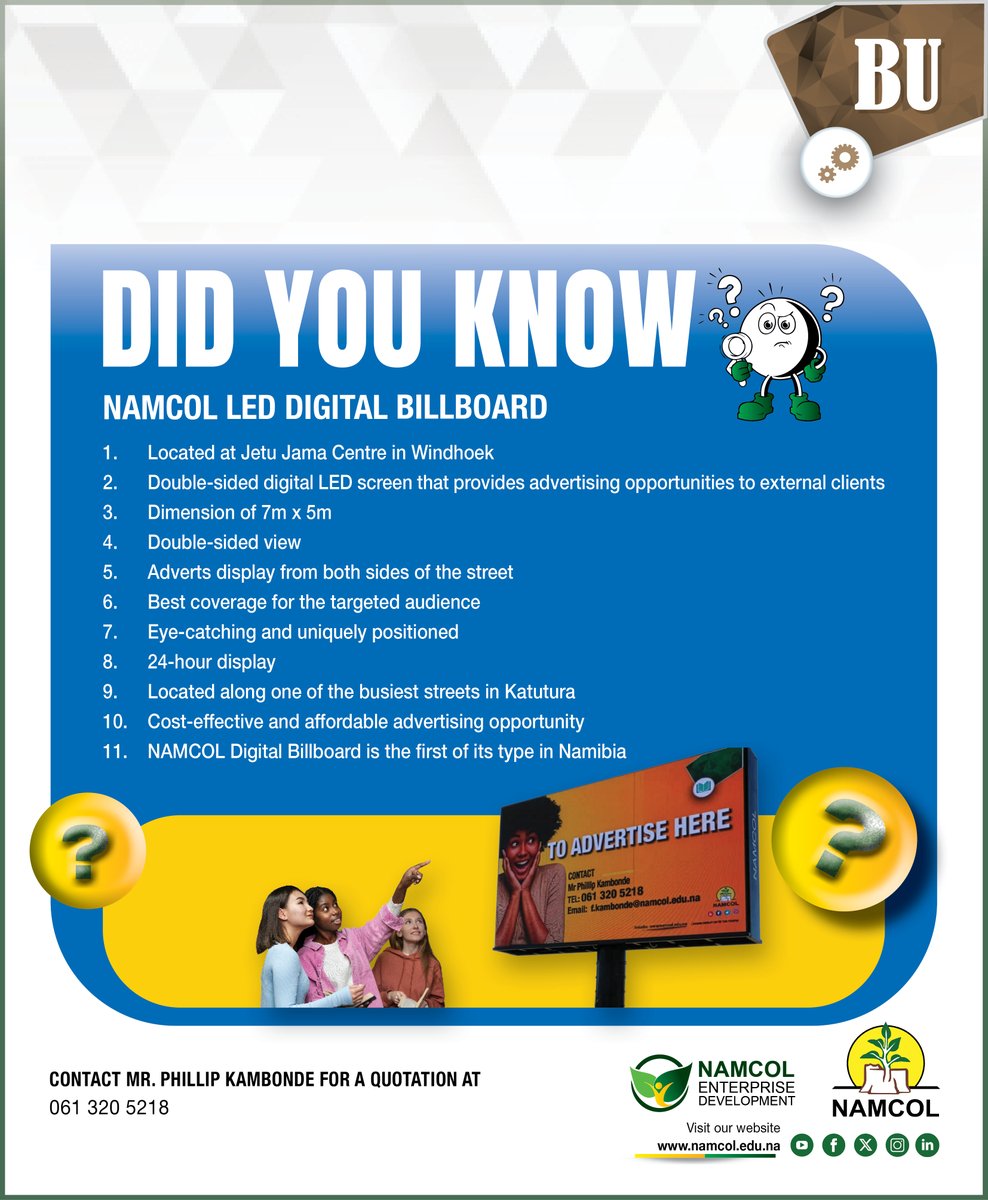 Namcol11's tweet photo. DID YOU KNOW?

NAMCOL isn't just about education—we're also helping businesses grow! Our state-of-the-art, double-sided LED digital billboard in Katutura, Windhoek, offers 24/7 advertising coverage in one of the city's busiest areas.

#NAMCOL https://t.co/J2uQ8bAMeY