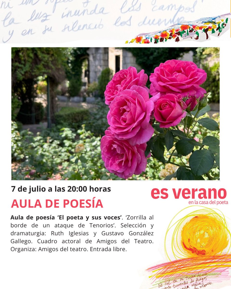 CasaZorrilla's tweet photo. Esta tarde continúa la Programación de Verano en la Casa del Poeta con el Aula de Poesía y sus voces: "Zorrilla al borde de un ataque de tenorios"📚🎭

Una selección de textos de la mano de los Amigos del Teatro

📅Martes 7 de julio, 20:00 h

🎟️Entrada libre https://t.co/0QyEiU99zL