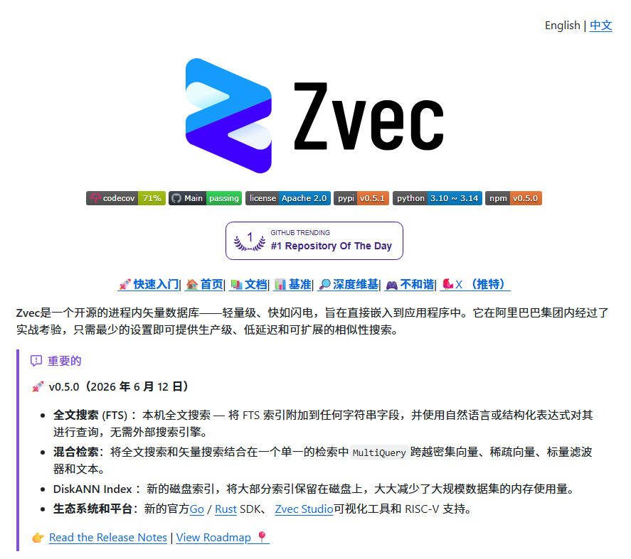 CycleDecoded's tweet photo. 阿里又整了个离谱项目，直接把向量数据库干成了 SQLite 的极简级别！以后搞本地大模型和 RAG 再也不用折腾起后端服务了，懂的都懂。  

这个叫 Zvec 的开源项目，挂在 Alibaba 名下已经斩获 1.3 万多星，采用完全免费的 Apache-2.0 协议。它是阿里内部打磨的底层向量引擎开源出来的，主打“纯本地、内嵌式”。没有任何花里胡哨的服务器配置，不需要网络开销，就像调个普通的库一样，直接插进你的应用代码里就能原地起飞。  

🔥 核心爽点：

安装贼粗暴：直接 pip install zvec 搞定，零配置零服务，开箱即用。  

性能快得离谱：C++ 写的硬核底座，毫秒级通吃几十亿向量搜索。  

功能够生猛：同时支持密集向量、稀疏向量，甚至自带原生全文检索和标量过滤。  

白嫖党狂喜：全本地运行极度省资源，断电不丢数据，破笔记本和边缘设备都能顺畅跑。  

做本地 AI 应用、自动化 Agent 和个人知识库的兄弟们直接上。还在等啥，自己去看。

🔗 GitHub：https://t.co/I4vJFGvmGr
🌐 官网：https://t.co/aUHcMEHzZI