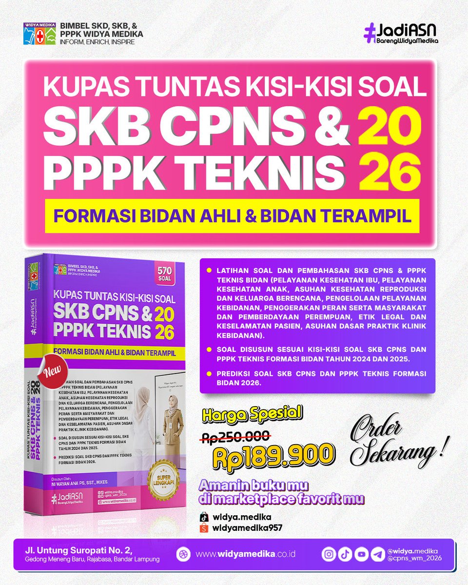 widya_medika's tweet photo. ✨ BUKU SPESIAL UNTUK PARA BIDAN PEJUANG SKB Bidan &amp; PPPK Teknis Bidan ✨

Akhirnya rilis juga! 💜

📖 Isi super lengkap: 
💰 Harga Promo: Rp189.900 💰 (Harga normal Rp250.000)
📦 Order sekarang di: 🛍 TikTok: WIDYAMEDIKA 🛒 Shopee: WIDYAMEDIKA957 https://t.co/qQa6ISl0zI