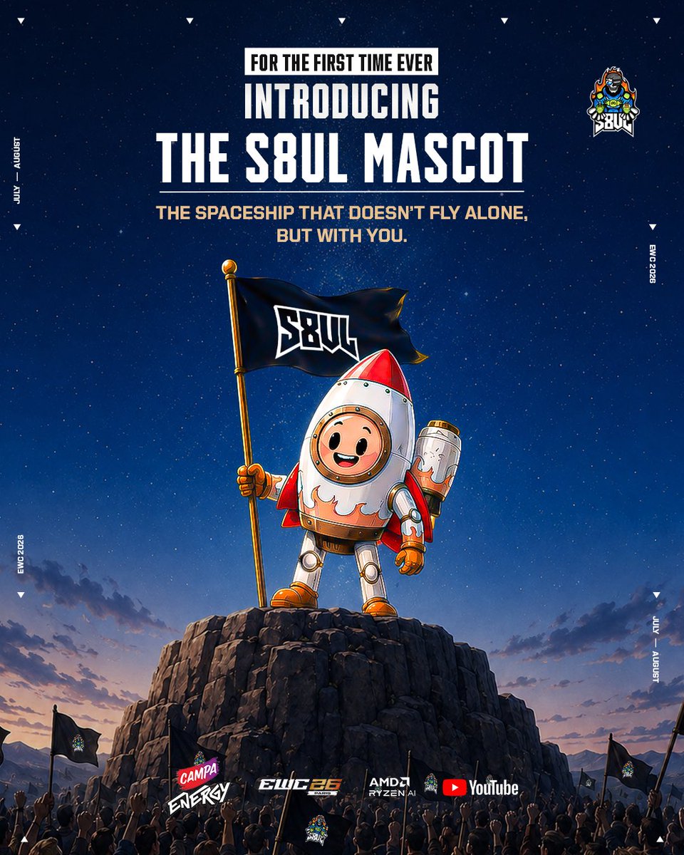 S8ulesports's tweet photo. Every launch needs fuel.
Ours has always been you. 🚀❤️

Say hello to the newest member of the family,
The S8UL Rocket!

More than just a mascot, he’s a symbol of every fan who’s been part of this journey. Made for the S8UL Fam, he’s here to celebrate every victory, lift us through every setback, and remind us that no dream is out of reach when we fly together.

Fueled by the S8UL Fam. Powered by your love. 🚀

#GameShuru #EWC2026 #CampaEnergy #UnstoppableSpirit #AMD