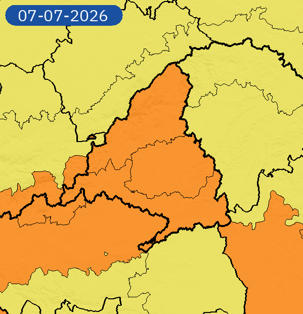 AEMET_Madrid's tweet photo. 07/07 08:36 AVISOS HOY Y MAÑANA | Comunidad de Madrid: temperaturas máximas y tormentas. Nivel máximo de aviso: naranja.
Actualizaciones en https://t.co/wtnxfrPjIy https://t.co/InFPW7qF4Z