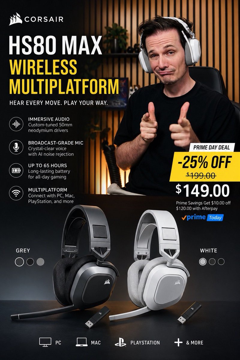 bajo's tweet photo. It’s PRIME Day - here is the page for my #sponsor @CORSAIRANZ

https://t.co/uprKTa5N93

Too many discounts to list, my go to HS80 headsets are dirt cheap. Sabre v2 mouse.  Great price on Vanguard keyboards too! https://t.co/K88Mmvgmly