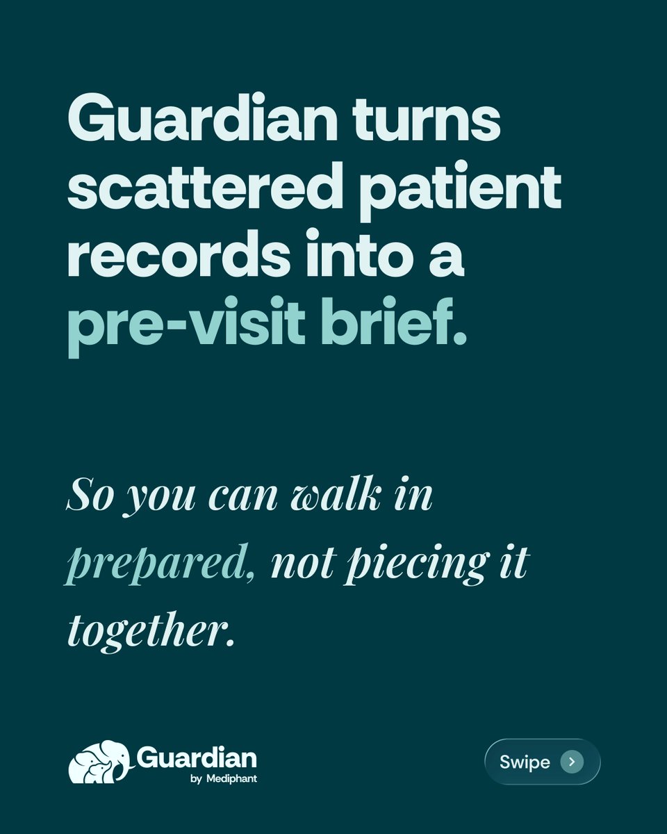 MediphantHQ's tweet photo. Guardian by Mediphant helps turn scattered patient records into clinician-ready pre-visit context.

Pre-visit briefs.
Timelines.
Medication reviews.
AI-assisted summaries.
Patient-shared records in one place.

So your clinic can walk in prepared. https://t.co/lrr3GTHZud