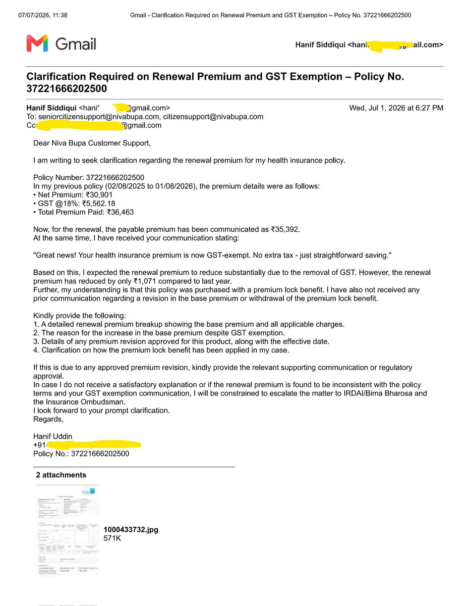 NCubeCompany's tweet photo. @Cockroachisback It's been over a week since I emailed regarding my health ins. renewal but I haven't received any response.
I'm disappointed that I chose Niva Bupa. Despite the GST exemption, my renewal premium reduced by only ₹1,071. but no reply.
@Niva_Bupa @NivaBupaSupport https://t.co/Oknu2p7lXD