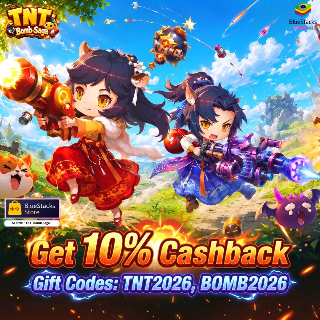 bluestacksinc's tweet photo. 💣🔥 TNT: Bomb Saga promotion is LIVE on the BlueStacks Store!
two free gift codes AND 10% cashback on the BlueStacks Store 💣💸
TNT2026 and BOMB2026 are live right now until July 15th! 🎁🔥

#NewGame  #TNTBombSaga #Bomb #bluestacks #giftcodes https://t.co/JefGxh1NnO