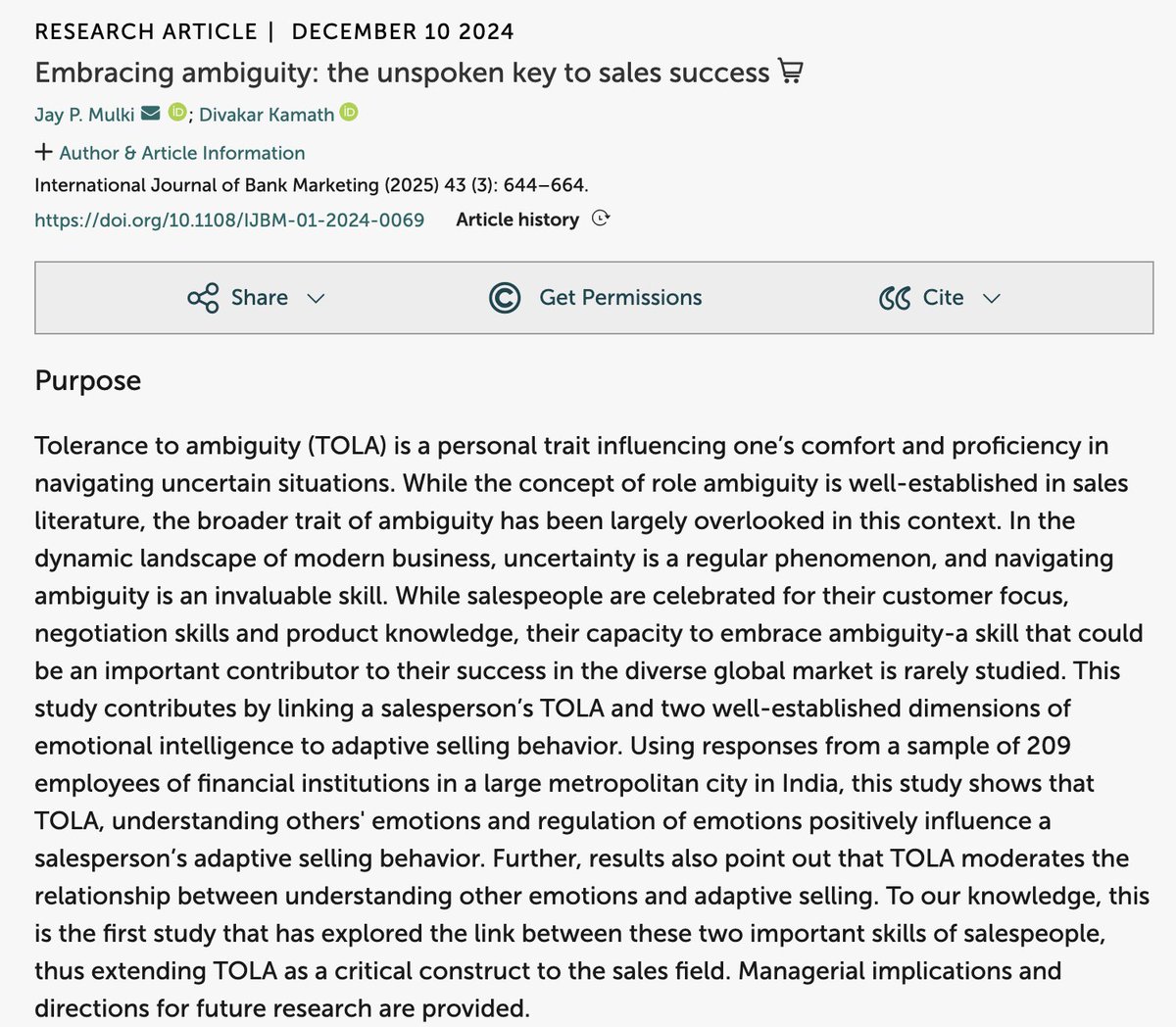chrideas's tweet photo. - "Tolerance to ambiguity is a personal trait influencing one's comfort and proficiency in navigating uncertain situations."
- "While salespeople are celebrated for their customer focus, negotiation skills and product knowledge, their capacity to embrace ambiguity is rarely studied."
- "Tolerance to ambiguity positively influence a salesperson's adaptive selling behaviour."