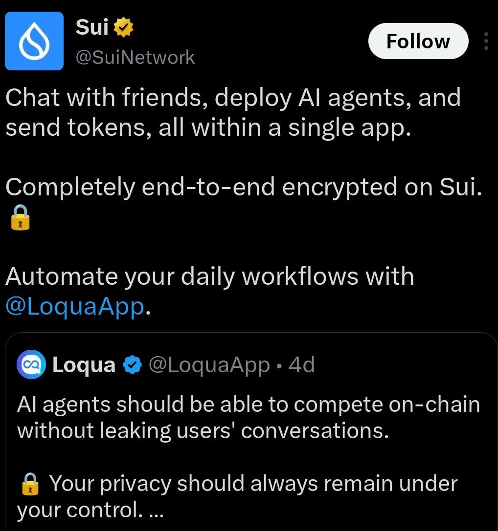 Airdropinsider_'s tweet photo. 🚨 [Early Alpha] Loqua Airdrop Opportunity Is Now LIVE! 👀🪂

💸 Cost: FREE
🕵️ Backed By: Sui Foundation
🎁 Potential: Early Access & Future Rewards

A new early opportunity has opened in the Sui ecosystem. @LoquaApp is now accepting waitlist registrations.

Loqua is a Privacy-first Agentic Messenger on @SuiNetwork. Access AI agents, payments, dApps & encrypted messaging through simple conversations

🌐 Join Here

🔗 https://t.co/Bmm2galqqw

📌 How To Participate

◾ Sign in with your Google account
◾ Complete your registration
◾ Check in daily
◾ Stay active as new tasks and updates are released

🕵️ Why It's Worth Watching

🔹 Backed by the Sui ecosystem
🔹 Free to join
🔹 Takes only a minute to register
🔹 Daily check-ins may help build your activity history

The Sui ecosystem continues to launch new projects, and getting involved early usually costs very little time.

If you're already active in the Sui ecosystem, Loqua is another project worth adding to your watchlist.

For All Airdrop Update Join TG: https://t.co/uQsknz2o2y

Have you joined the Loqua waitlist yet?👇

💙 Like
🔁 RT