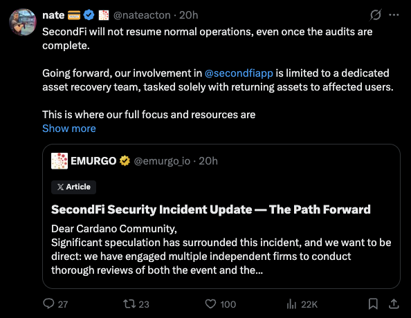Cardanians_io's tweet photo. Looks like Yoroi / SecondFi wallet will not be resuming normal operations after the incident.

Their full focus is on asset recovery.

Yoroi was one of the OG Cardano wallets, but it's time for the users to find an alternative. https://t.co/9PIJZgmCZS