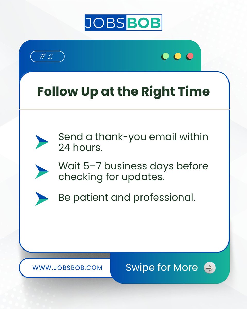 JobsBobOfficial's tweet photo. Think the interview is over once you walk out? 🤔

A professional follow-up can make a lasting impression.

👉 Swipe through for simple interview follow-up tips.

#JobsBob #InterviewTips #CareerTips #JobSearch https://t.co/ka3ODvQcmB