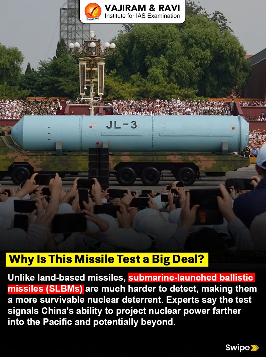 VajiramRavi's tweet photo. 🚀 China’s long-range missile test from a nuclear-powered submarine has raised concerns across the Indo-Pacific. SLBMs are harder to detect and strengthen second-strike capability, making sea-based nuclear deterrence a key strategic issue.
#China #SLBM #UPSC #IndoPacific https://t.co/FmMJpAAyzU