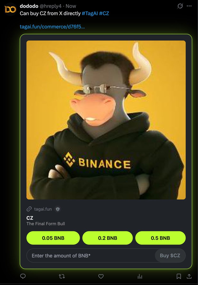TagAIDAO's tweet photo. @BNBCHAIN Buy $CZ or $TCC on X with just a click.

Powered by @BNBCHAIN @saydialect @wallet and @TagAIDAO. https://t.co/QrBOfc4UnA