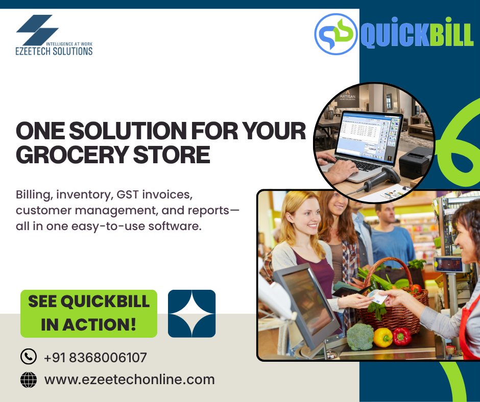ezeetechonline1's tweet photo. Simplify Grocery Store Billing with QuickBill
Manage billing, inventory, GST invoices, customer records, and reports from one powerful software.
Call: +91 8368006107
#QuickBill #GroceryStore #RetailSoftware #POSSoftware #BillingSoftware #InventoryManagement #GSTBillingSoftware https://t.co/D3whyqxnWz