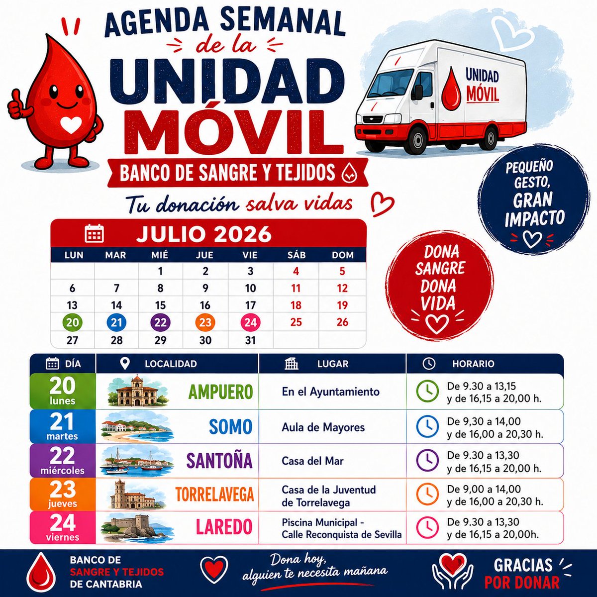BSCANTABRIA's tweet photo. 📆📌¡Ya tienes disponible la #agenda semanal de la unidad móvil!
#DonaSangre #DonaPlasma #DonaVida https://t.co/XAgJSvQZyL
