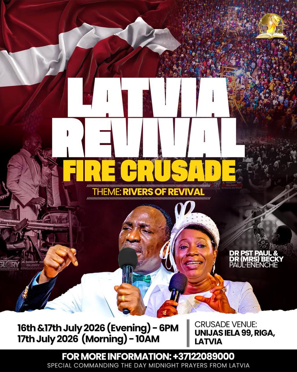 drpaulenenche's tweet photo. FRANCE 🇫🇷, GERMANY 🇩🇪 AND LATVIA 🇱🇻, YOUR MOMENT OF VISITATION HAS COME! 🔥👏

Revival fire is coming to Europe!

Join us for the France, Germany and Latvia Revival Fire Crusades; a divine season of salvation, healing, deliverance, miracles, and a fresh outpouring of God’s glory.

France: 13th—14th July⏳
Theme: Fire of Revival!

Germany: 15th–16th July 2026⏳
Theme: The Glory of the Lord

Latvia: 16th–17th July 2026⏳
Theme: Rivers of Revival

Come expectant. Your encounter with God will mark a new beginning! Invite your family and friends. 
The Glory of the Lord will be revealed, and Rivers of Revival will flow!

See you there! 🙏🔥